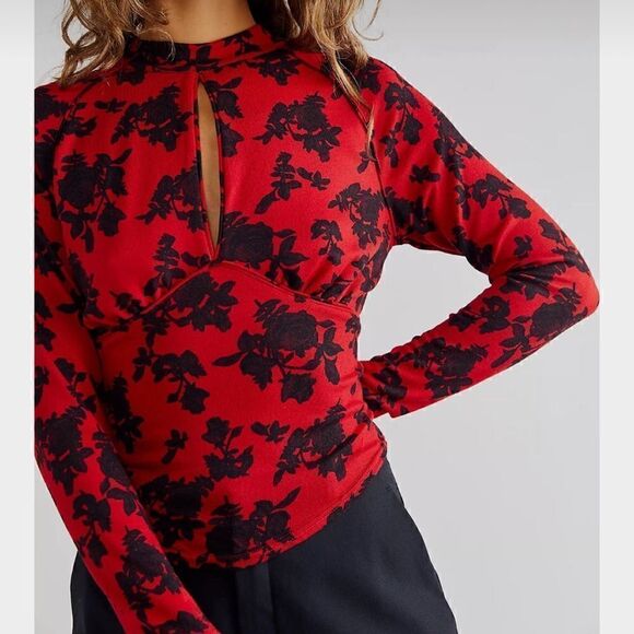 NWT Free People Dinner Party Long Sleeve S Floral Key Hole Mock Neck Retro Chic - Picture 11 of 11